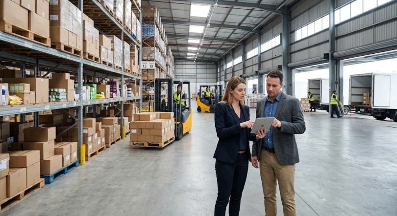 Logistikos specialistai analizuoja tiekimo grandinės procesus, transportavimo išlaidas ir sandėlio atsargų valdymą.